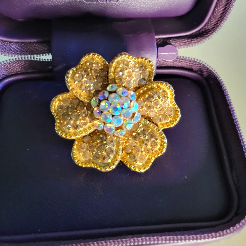 Sparkly Bold And Fun Gold Flower Ring With Adjustable Band
